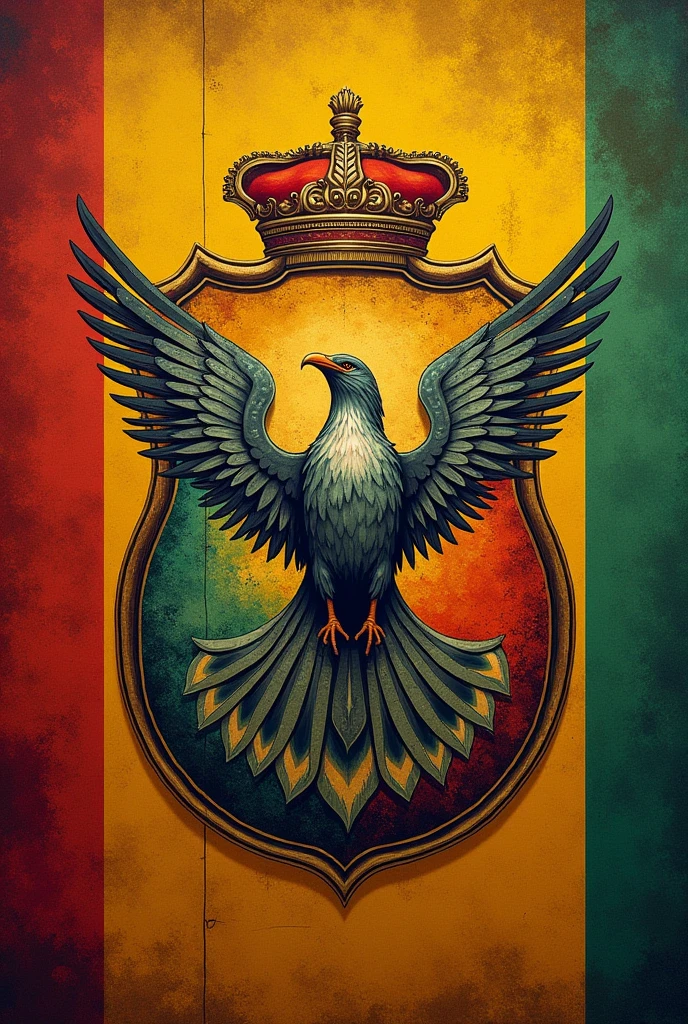 Create a flag similar to that of Rio Grande do Sul, but with a flying ornero on a shield in the shape of a gaucho mate