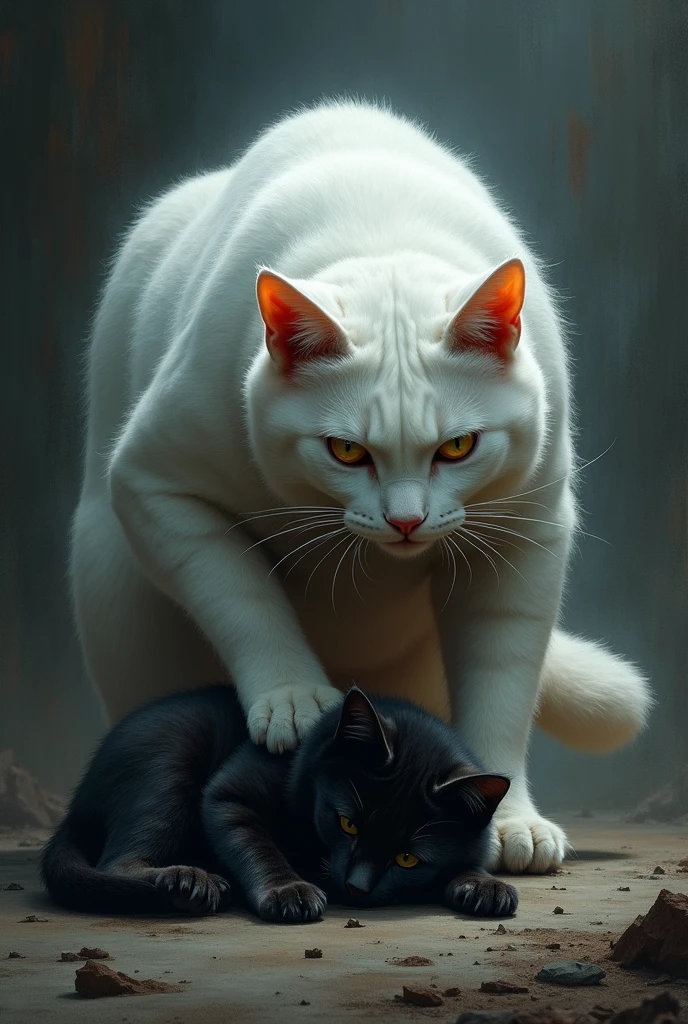a strong white cat, stepping on an injured black cat
