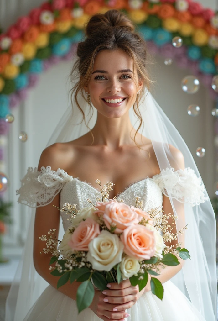 Very young and beautiful nordic woman with brown blonde updo hairstyle, very delicate eyes, delicate nose, delicate lips, wearing wedding dress, holding bouquet with delicate details in her arms:1.2, veil_rich lace layers, bouquet with detailed expression, (dynamic pose, uncontrollable joy, smiling broadly_expressing very delicate details), sharp silhouette, top quality, realistic photo, bright studio lighting, top down hip torso shot angle, front close-up, shot from under arched floral decoration structure, celebratory bouquet, surrounded by many transparent rainbow bubbles floating in the air, sharp silhouette,