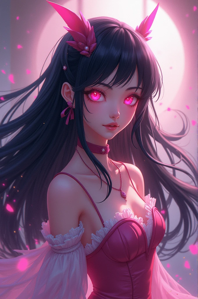 pink eyes, black hair, (pink highlights), Pink ribbon in hair, ((black background)), Official art, Unity 8k Wallpaper, Ultra-detail, Beautiful and aesthetic, masterpiece, Best Quality, (zentangle, mandalas, Tangle, Entangle), (fractal art:1.3) , 1girl, huge tits, extra thick thighs, Extremely detailed, Most Beautiful Form of Chaos, elegant, a brutalist designed, vivd colour, romanticism, Atmospheric, arms behind back, (((((anime style))))), thick body, think waist, big hips, intricate and ornate patterns, sitting, ((legs spread open)),