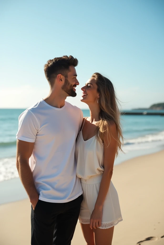 An handsome american boy 23 years wearing white tshirt and black pant with his Germany girlfriend on beach