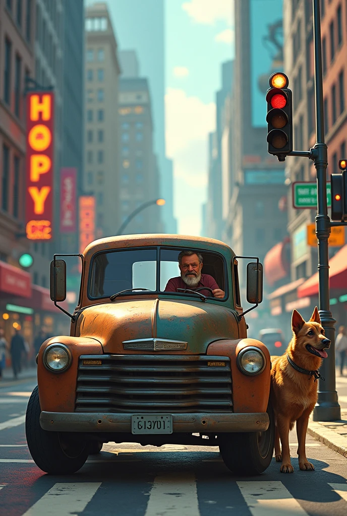 A farm truck with a human and his dog waiting at the animated city traffic light