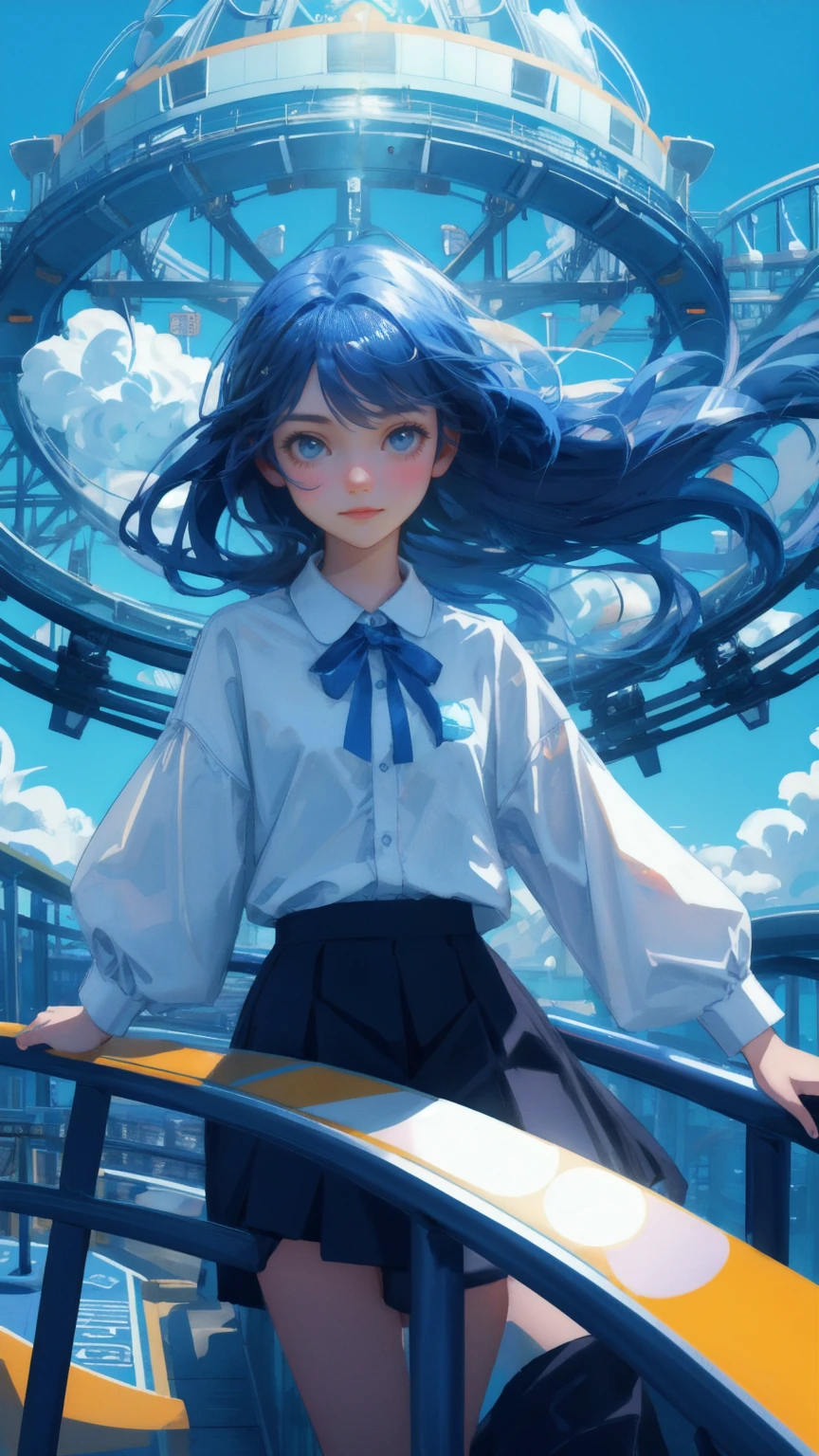 Create an image where a cute girl is featured in a roller coaster car labeled 'Stablecoin,' with a dramatic blue-themed background. Replace the original character with the girl, who appears both thrilled and slightly anxious as she clings to the safety bar. The roller coaster track loops and twists through a sky filled with abstract blue elements, swirling leaves, and towering structures, enhancing the sense of motion and the unpredictable journey she is on