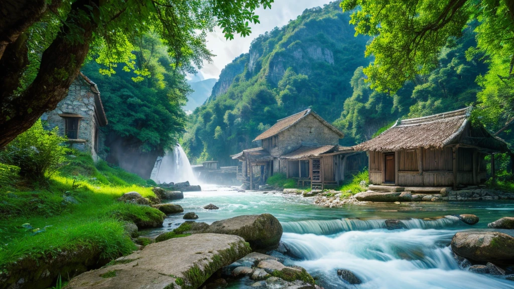 Ancient village of Montenegro,  mystical nature, Rivers, Mountains and forests, waterfall, cloud, Photorealistic photos, It&#39;s not 8k. Aerial view.