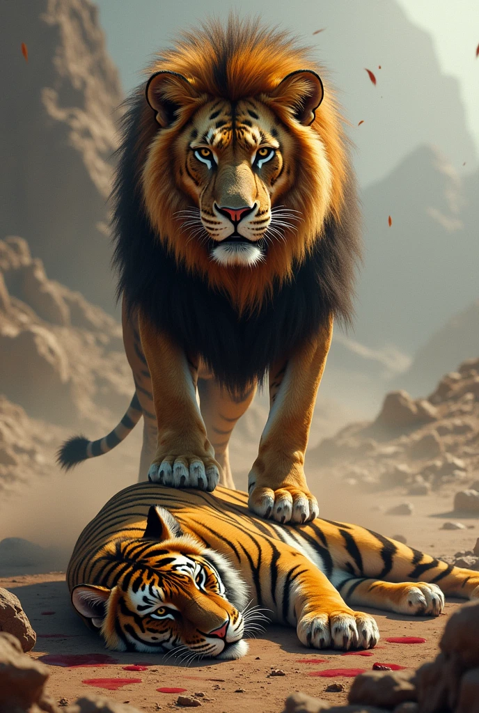 Lion standing on dead tiger that it fought