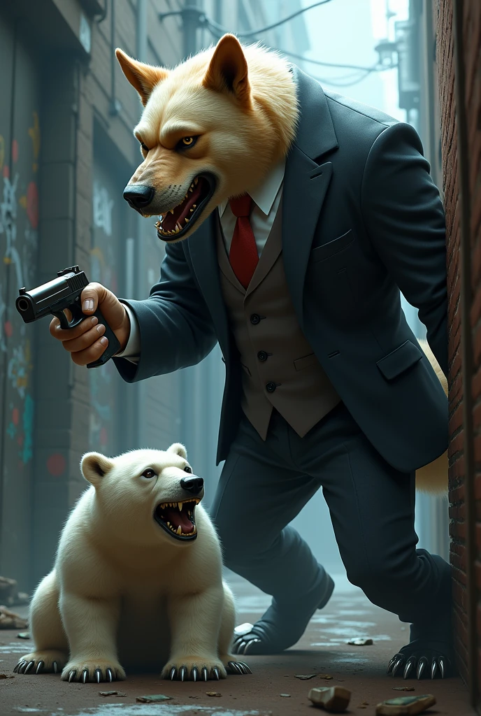 make an angry and armed mafia dog, collecting debt from a scared polar bear