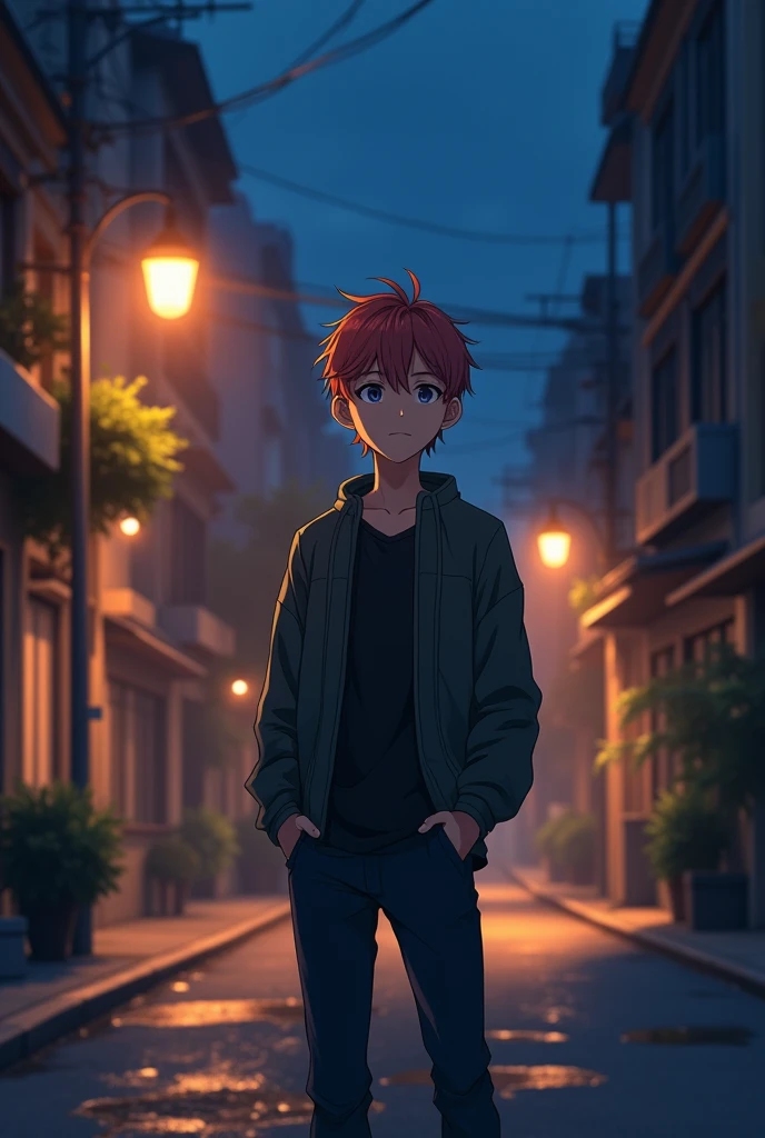 A 20 year old cute anime boy is standing in a road in night