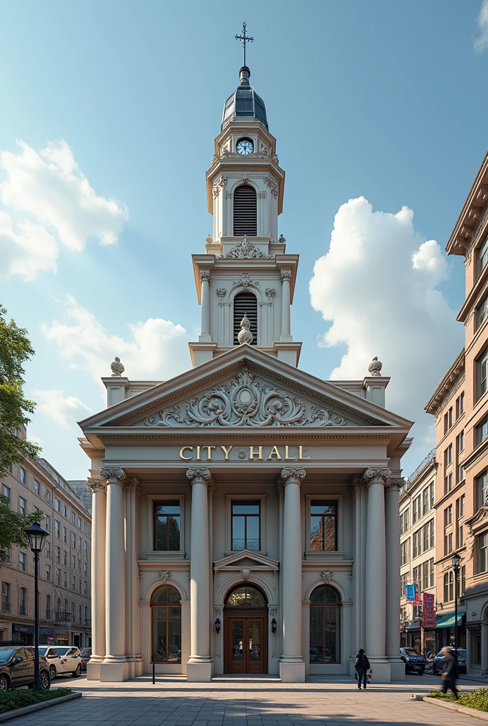Create an image of a simple building with city hall words