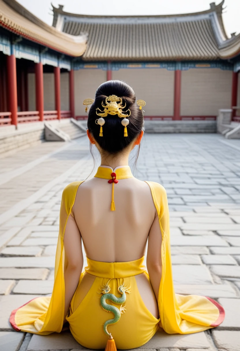 A woman from the Qing dynasty is wearing a yellow Hanfu with a small dragon on it, but she is naked and only her butt is exposed. The background is the stone paving of the Qing dynasty palace.