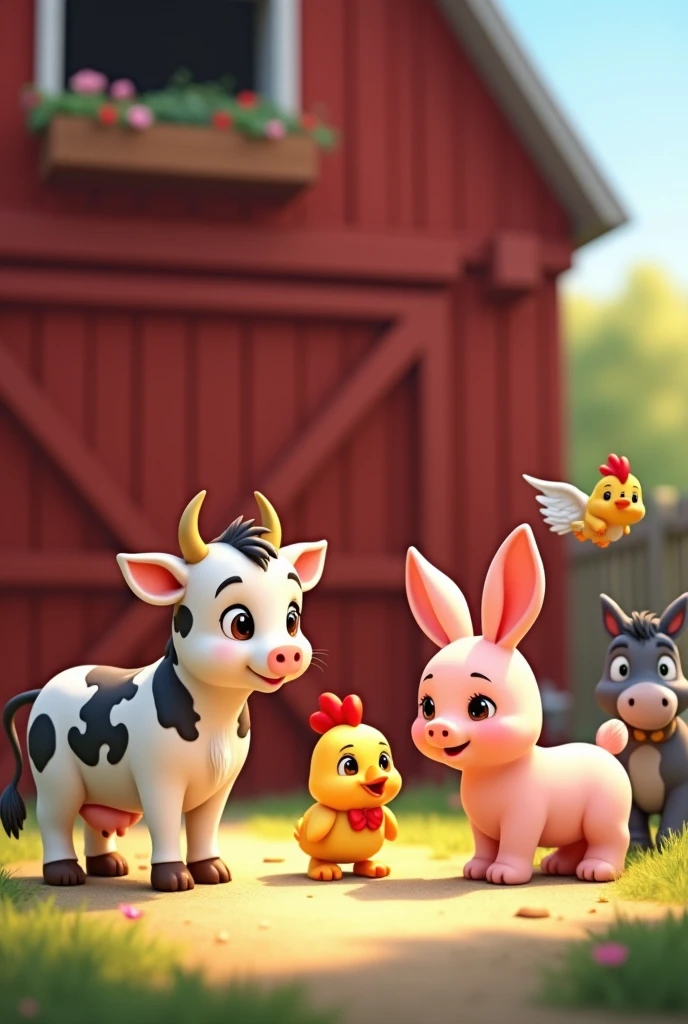 small cow, from sideways, four legged, fly away, Disney  style, standing on the ground, in front of a red barn, com coelho fofo Disney  style, galinha fly away Disney  style, burro fofo Disney  style, porquinha fly away Disney  style junto ao seu filhote