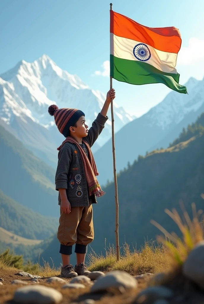Himalayan Sikkim tribal 10 years boy saluting india national flag 