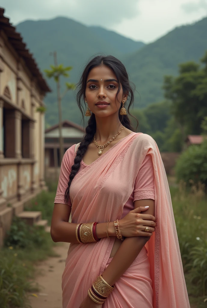Beautiful woman, light pink saree south Indin saree, wearing jewelry, in front of old traditional South Indian house ,hill background, dark cloud