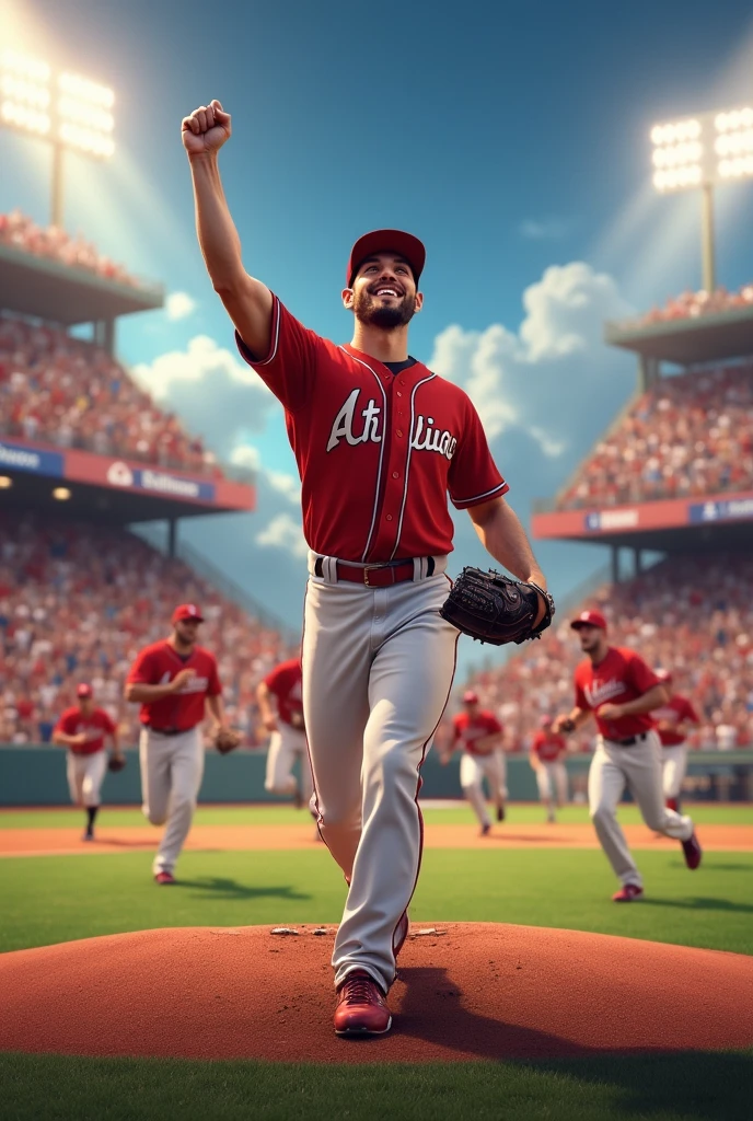 Happy scene、Delighted audience、The winning pitcher pumps his fist in the air、Many players rush to the mound