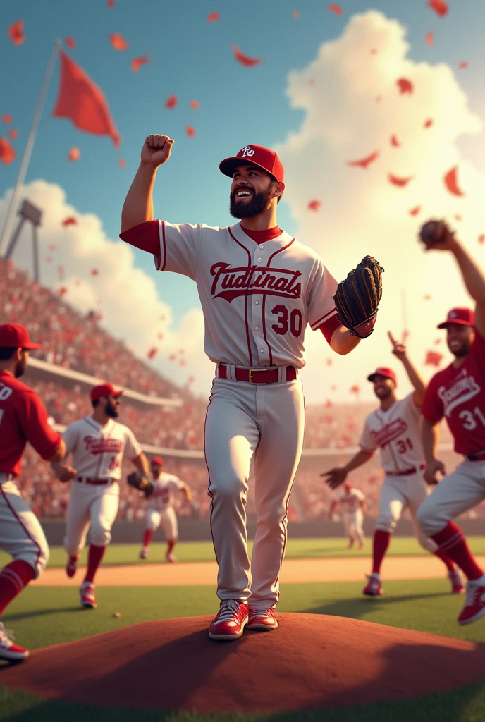 Happy scene、Delighted audience、The winning pitcher pumps his fist in the air、Many players rush to the mound