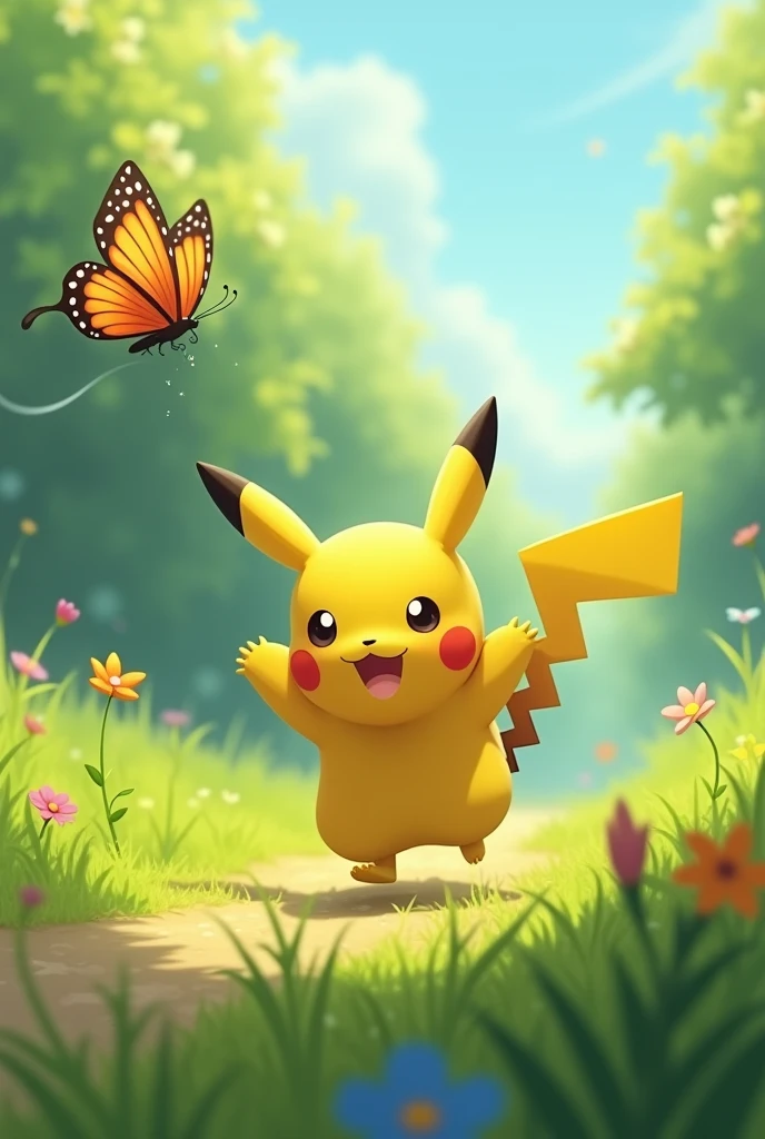 Cute Pikachu Pokemon of chasing butterfly