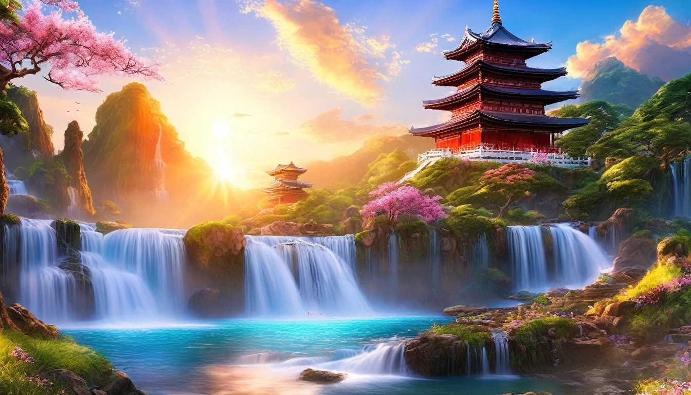 backgroundสไตล์จีน, backgroundภูเขานิกายเซียนอมตะ, Eternal Light, Slightly elevated view, ((background:1.8))
(best quality,masterpiece, complicated,Very detailed,Practical,RAW photos,8K Ultra HD,Ultra-high resolution,photoPractical style,Movie Scenes, Clear focus,la lueur de,Very detailed CG ユニティ壁紙) ,Seam,Tower and waterfall,sunrise,