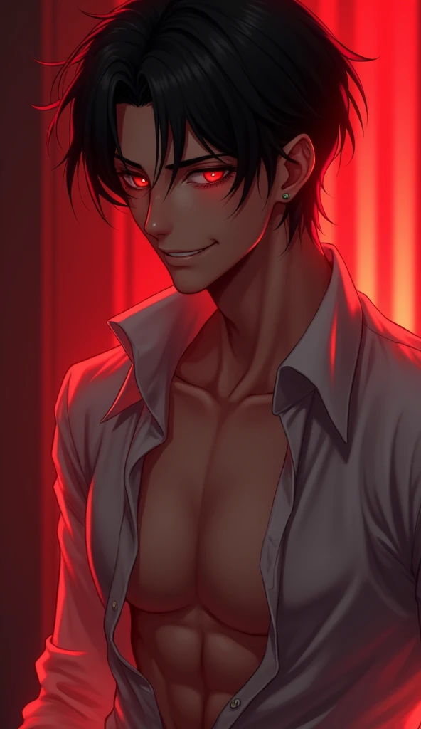 high detailed , side pose young European man, with short black hair , red eyes , smirking, dressed in a unbuttoned shirt, normal slim body figure ,slowly undressing , red , lighting , red eyes, red highlights on body , 8k