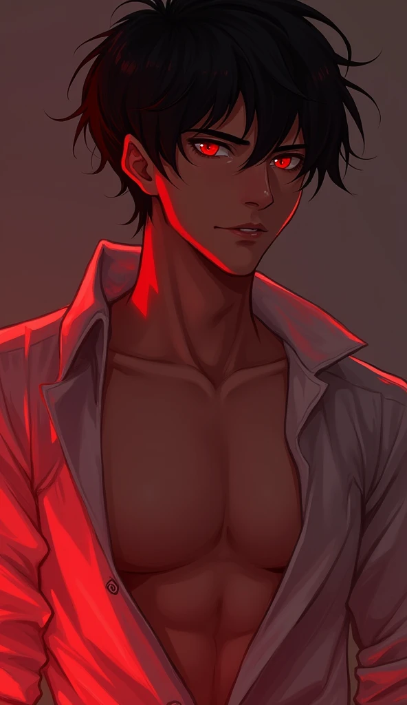 high detailed , side pose young European man, with short black hair , red eyes , smirking, dressed in a unbuttoned shirt, normal slim body figure ,slowly undressing , red , lighting , red eyes, red highlights on body , 8k