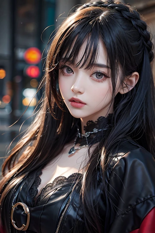 Highest quality、、masterpiece：1.3、Gothic Punk、Red inside、Gray Black Hair、hair ornaments、beautiful girl、creative、Punk Shirt、Neogoth、Goth Fashion：1.2、High resolution、masterpiece、Highest quality、頭w:1.3、((Hasselblad Photos))、Fine skin、Sharp focus、(Cinema Lighting)、Explore Tokyo&#39;The night city beyond the neon lights, Forehead open, 、Petting&#39;Hair back、Shoulder Bare、Small red rose tattoo on the décolletage、Just one tattoo