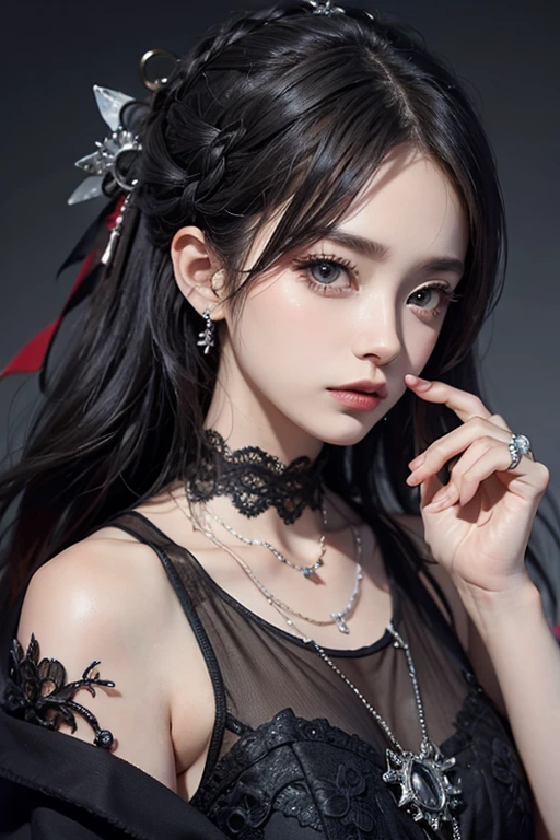 Highest quality、、masterpiece:1.3、Gothic Punk、Red inside、Gray Black Hair、hair ornaments、beautiful girl、creative、Punk Shirt、Neogoth、Goth Fashion:1.2、High resolution、masterpiece、Highest quality、頭w:1.3、((Hasselblad Photos))、Fine skin、Sharp focus、(Cinema Lighting)、Explore Tokyo'The night city beyond the neon lights, Forehead open, 、Petting'Hair back、Shoulder Bare、Small red rose tattoo on the décolletage、Just one tattoo