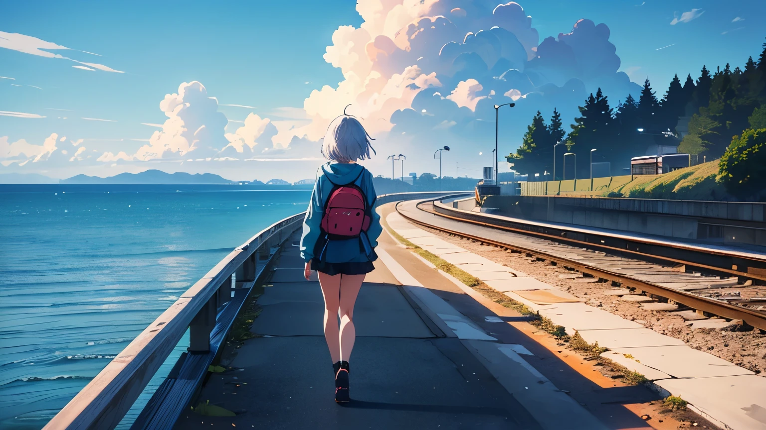 (Excellent: 1.2), (Best Quality: 1.2), (Super Detail: 1.2), (A girl walking alone on a sidewalk with a view of the sea, wearing a hoodie, short white hair, backpack, hip-hop style), (Back of the head, facing backwards, full body, left side of the screen), (Railroad crossing, summer sky, cumulonimbus clouds, sea, breakwater), (4k, sad, bouwater art style, beautiful digital illustration, beautiful character drawing, stunning anime face portrait, official artwork, LOFI girl, admire the art style, anime atmosphere, mix of anime style and Fujifilm, digital anime illustration, anime wallpaper, 4k, high resolution high quality beautiful realistic sky, sky is the main focus, rear view, rear view scenery is the main focus, scenery is the main focus, emotional lofi old camera film deep 3D)