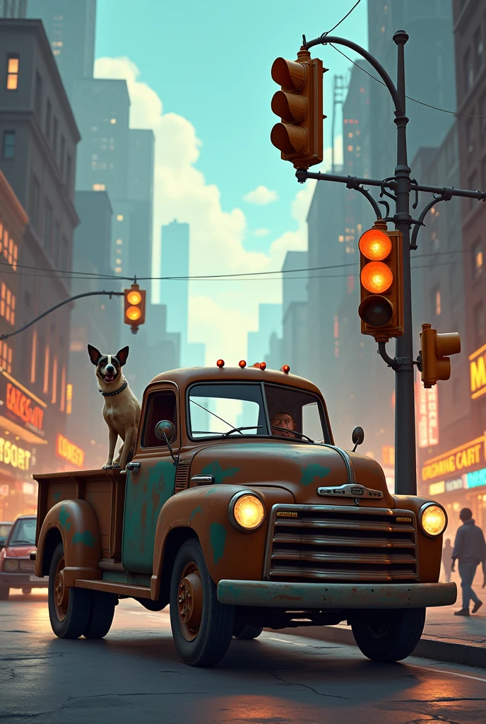 A farm truck with a human and his dog waiting at the animated city traffic light