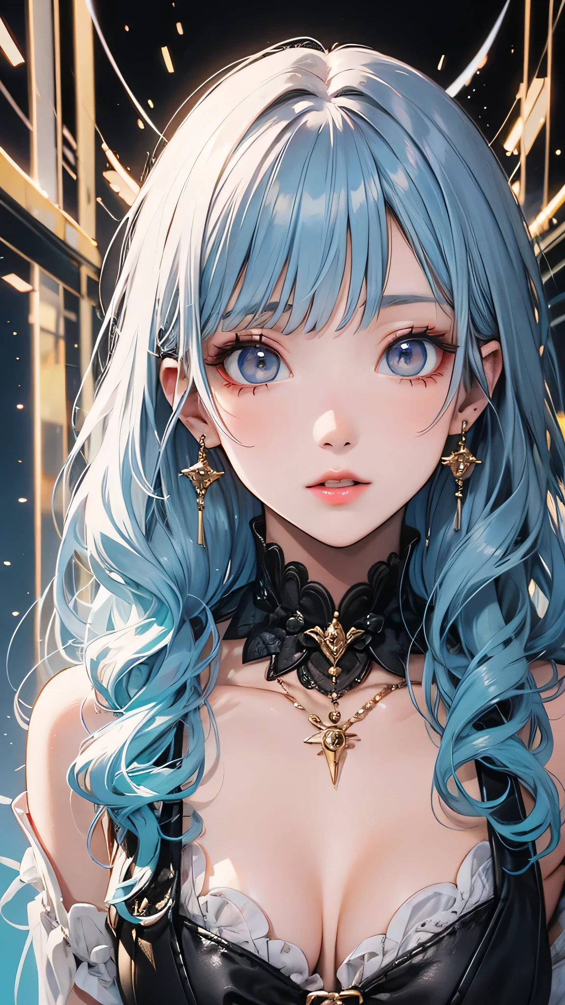 Highest quality, masterpiece, Ultra-high resolution, Super detailed, beautifully, aesthetic, (Beautifully detailed face), (Beautiful attention to detail), Detailed,Light blue hair, Turquoise Eyes, Long eyelashes, Big Red Lips, Apricot-colored eyes, beauty, Curly Hair, PRİNCESS