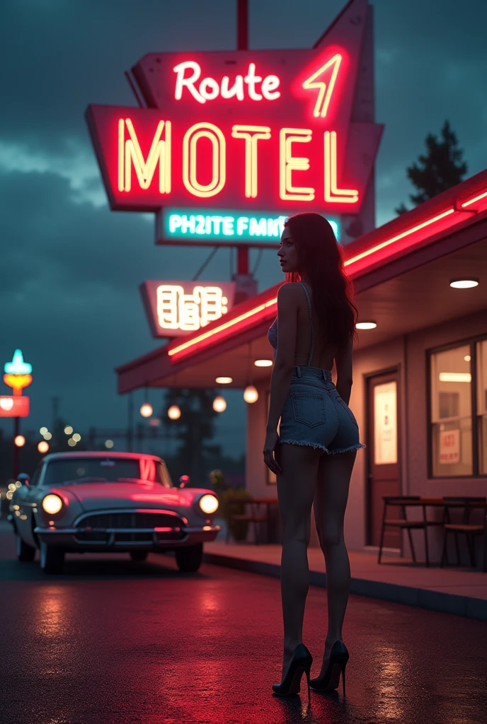 ((masterpiece, highest quality, Highest image quality, High resolution, photorealistic, Raw photo, 8K)), arafed view of a motel with a car parked in front of it, with neon signs, A woman waiting for a guest in front of a motel, seduction, short dress and high heels, route 6 6, neon signs, 1 9 5 0 s americana tourism, some have neon signs, neon lights outside, neon advertisements, gigantic neon signs, neon shops, by Arnie Swekel, few neon signs, neon signs in background, (Just 1 meter away from Picture Taken), k, (full body with close up shot), Ray Tracing CG Unity 8k walpaper, 