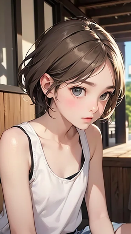 Highest quality、Realistic、zoom、Two people、Alongside、man、twins、The same face、Same height、cute、Grey Eyes、Light brown hair、short hair、White tank top、Shorts、thin、Gazing at each other、living、Bust Shot