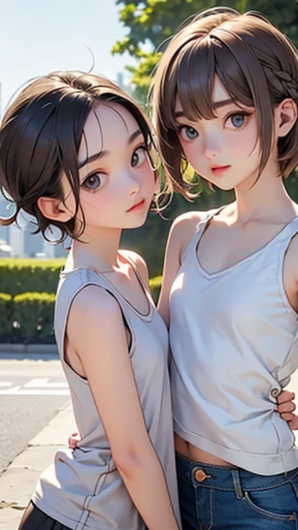 A picturesque 3D render of a sunny beach on a warm summer day, featuring two adorable anime girls in cute outfits. The first girl has short hair and is wearing a skimpy nightgown with hair clips, while the second girl has longer hair and is dressed in a two-piece outfit. Both of them are enjoying the beach, with one holding a sign that reads "VICTORIA VR." The sun casts a warm, white light over the scene, creating a sense of serenity and happiness. Waves gently lap the shore, and the air is filled with the scent of saltwater and coconut sunscreen. The beach's beauty and tranquility provide a perfect escape from the stress and worries of everyday life., anime, 3d render, photo