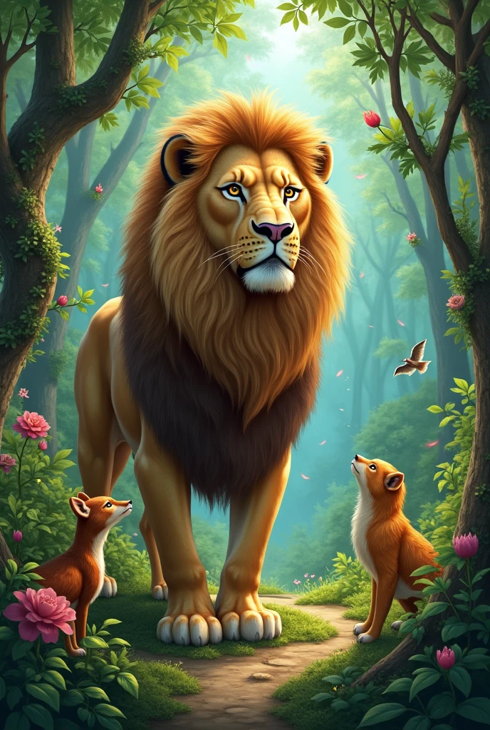 In the forest there are all kinds of animals and the lion is talking.