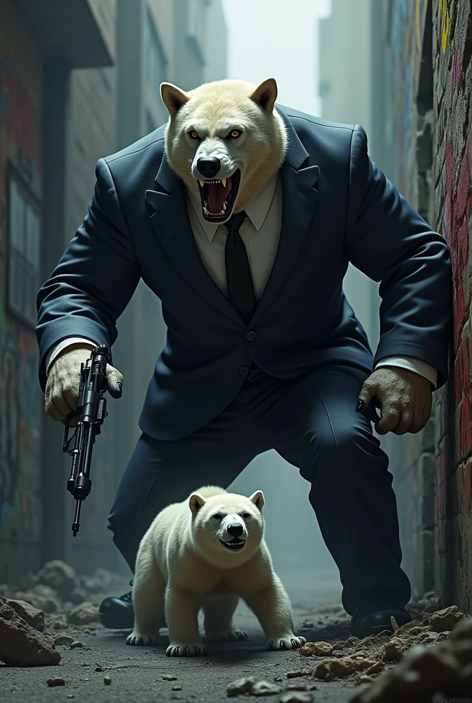 make an angry and armed mafia dog, collecting debt from a scared polar bear