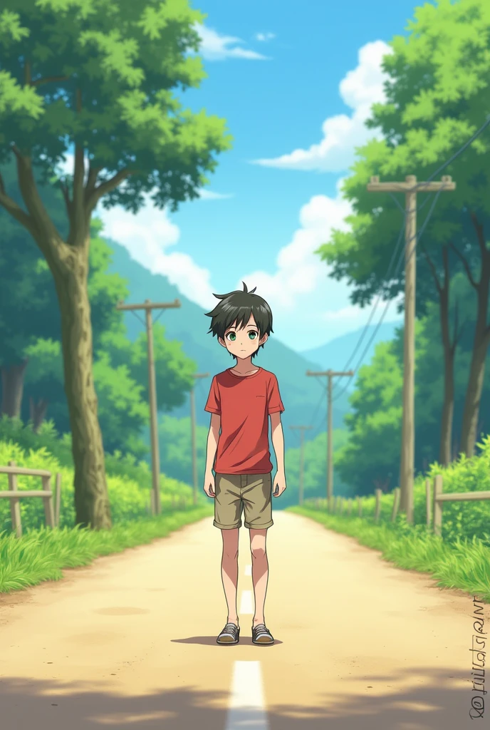 A 20 year old cute anime boy is standing in a road