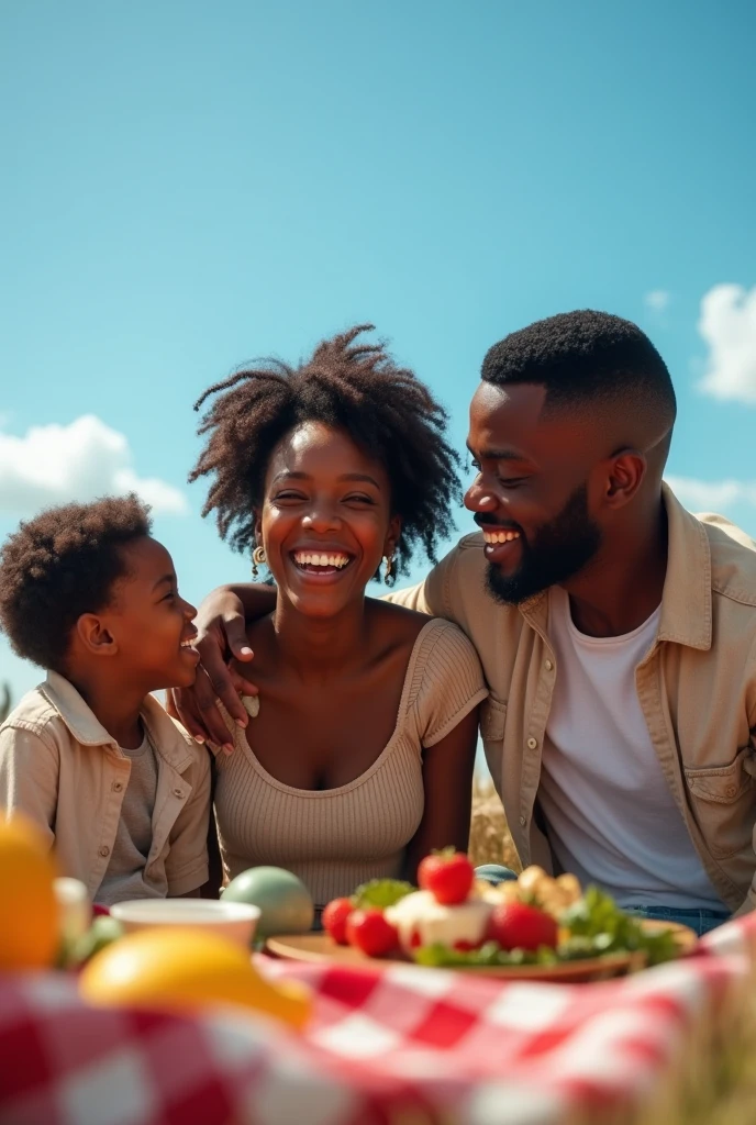 A happy family eating cups of dark purple acai, a tall thin man with light skin, a short woman with dark brown skin, a child boy with light brown skin, in a flowery park, a beautiful scenery.