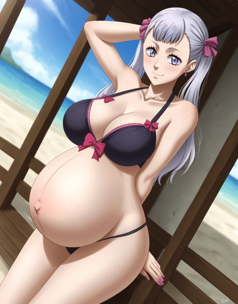 noelle_blackclover, Noelle Silva, Black Clover, long silver hair, waist-length hair, half-up half-down hairstyle, ribbon, side-parted bangs, almond-shaped blue eyes, high-quality, ultra-detailed, beast quality, 8K resolution,
looking at viewer, dutch angle, cowboy shot, smile, pregnant belly, large belly, big belly, big Breasts, belly button, Earrings,
1girl,solo, indoors, beach, happy, Smiling, rub belly,
full body, Nail polish,