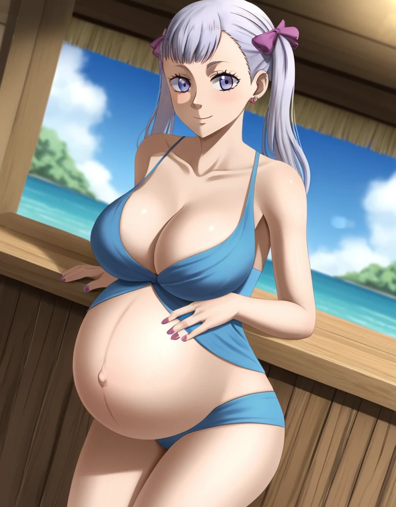 noelle_blackclover, Noelle Silva, Black Clover, long silver hair, waist-length hair, half-up half-down hairstyle, ribbon, side-parted bangs, almond-shaped blue eyes, high-quality, ultra-detailed, beast quality, 8K resolution,
looking at viewer, dutch angle, cowboy shot, smile, pregnant belly, large belly, big belly, big Breasts, belly button, Earrings,
1girl,solo, indoors, beach, happy, Smiling, rub belly,
full body, Nail polish,