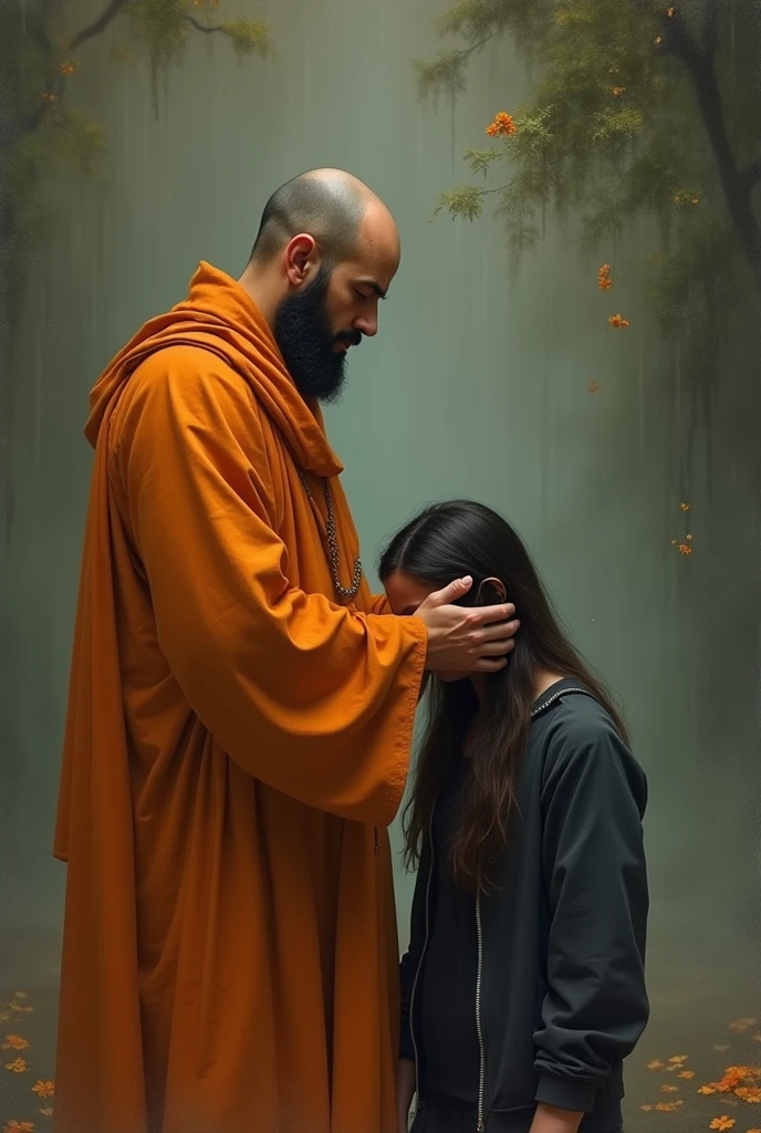 Monk and sad person  no copyright image with orange cloth 