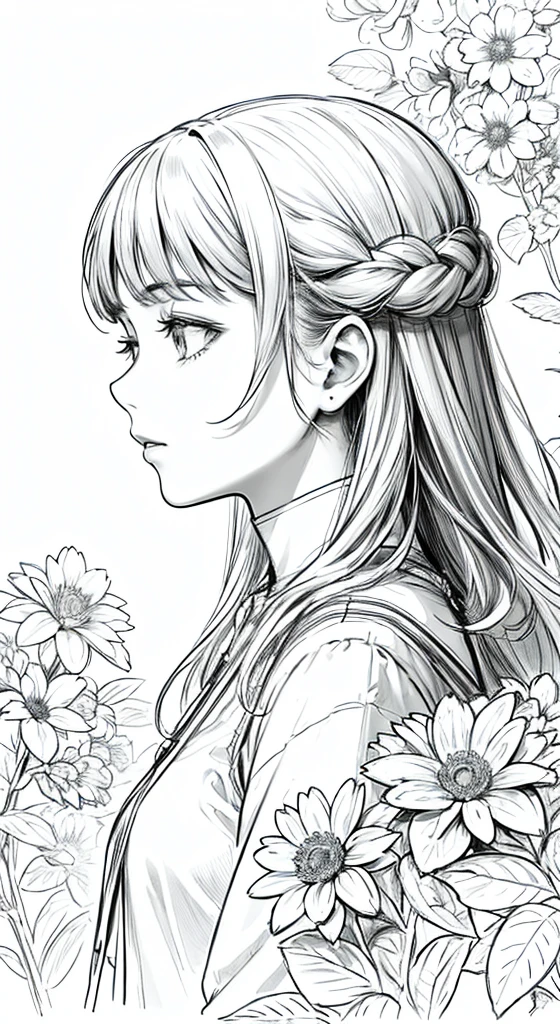 "masterpiece, acura, wrist, Alone, Smooth texture, Long hair, prominent side profile, detailed flowers in the background, ultra-clear detail, monochrome style, Line drawing, (sketch: 1.3), Close-up perspective".