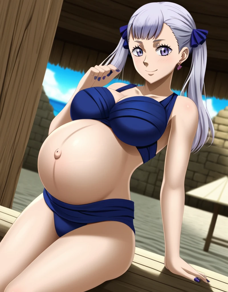 noelle_blackclover, Noelle Silva, Black Clover, long silver hair, waist-length hair, half-up half-down hairstyle, ribbon, side-parted bangs, almond-shaped blue eyes, high-quality, ultra-detailed, beast quality, 8K resolution,
looking at viewer, dutch angle, cowboy shot, smile, pregnant belly, large belly, big belly, big Breasts, belly button, Earrings,
1girl,solo, indoors, beach, happy, Smiling, rub belly,
full body, Nail polish,