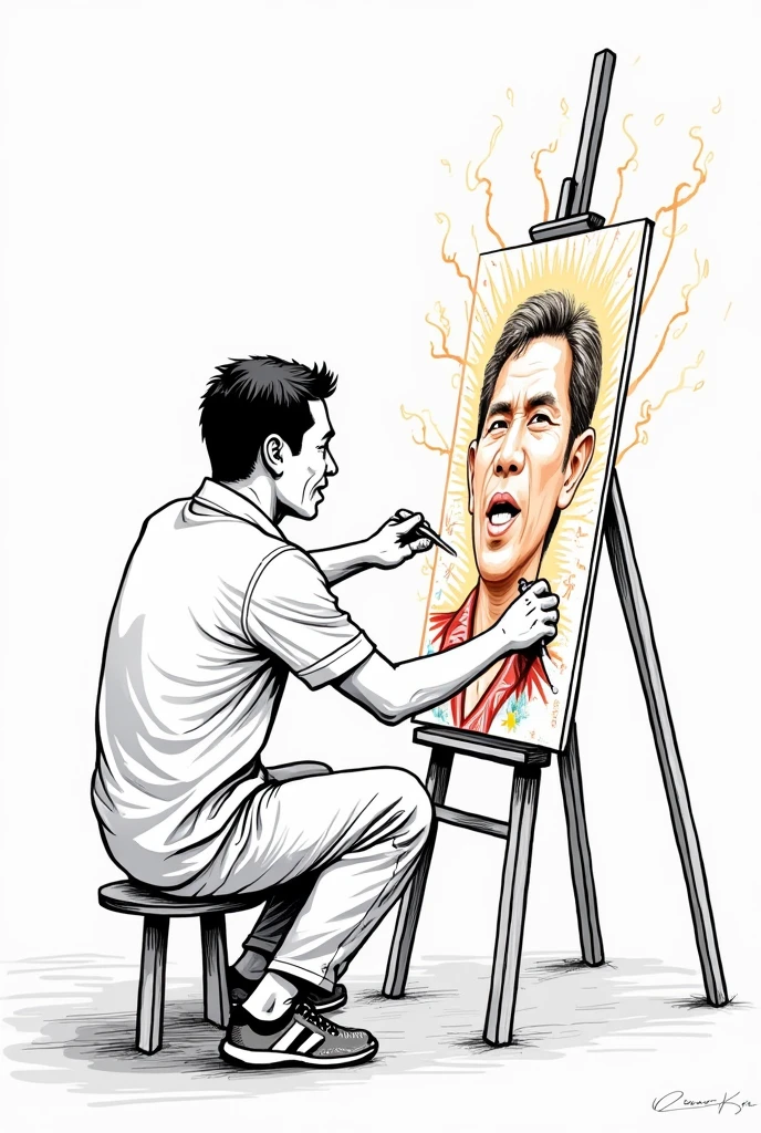Line art a filipino man painting himself in a canvas like a mirror, make it something is coming out of him, burning passion, his creativity , his culture