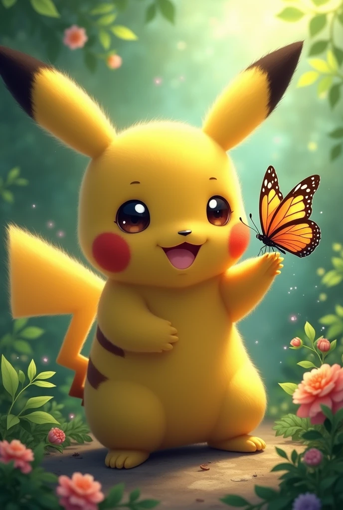 Cute Pikachu Pokemon of having butterfly on hand 