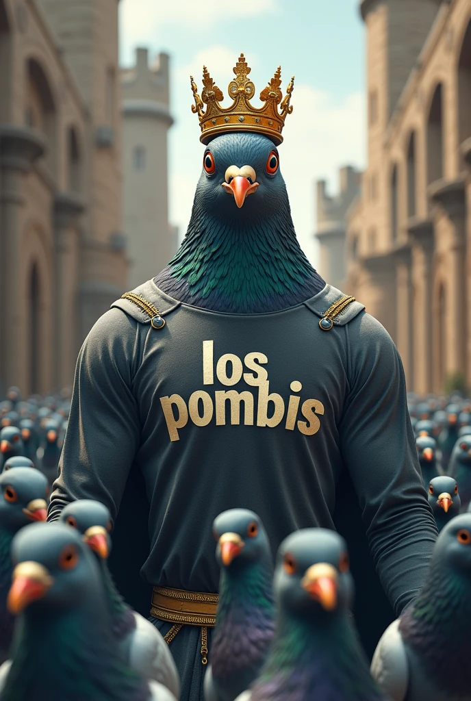 A MUSCULOUS KING PIGEON WITH A CROWN AND A SHIRT WRITTEN LOS POMBIS ON A CASTLE IN THE MIDDLE THAT STANDS OUT IN AN ARMY OF PIGEONS