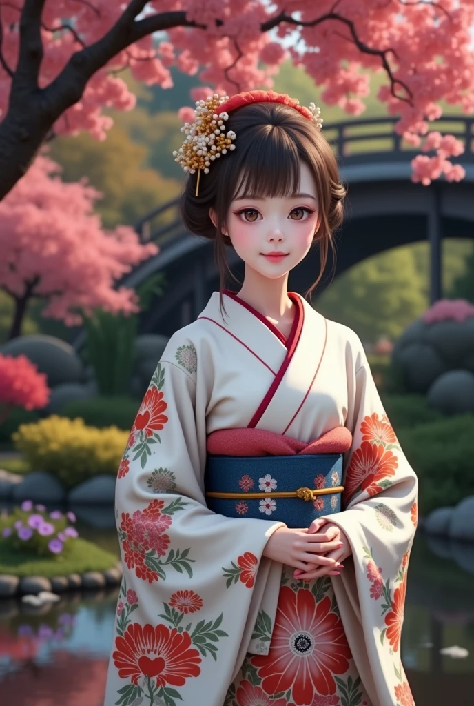 (masterpiece、Highest quality、8k、High resolution)、Traditional Japanese beauty in kimono、Floral pattern on white background、Vibrant colors、Japanese garden、There is a pond、Colorful flowers、Vibrant colors、Cherry Blossom、There is a drum bridge、A complete portrayal、Detailed anime art、