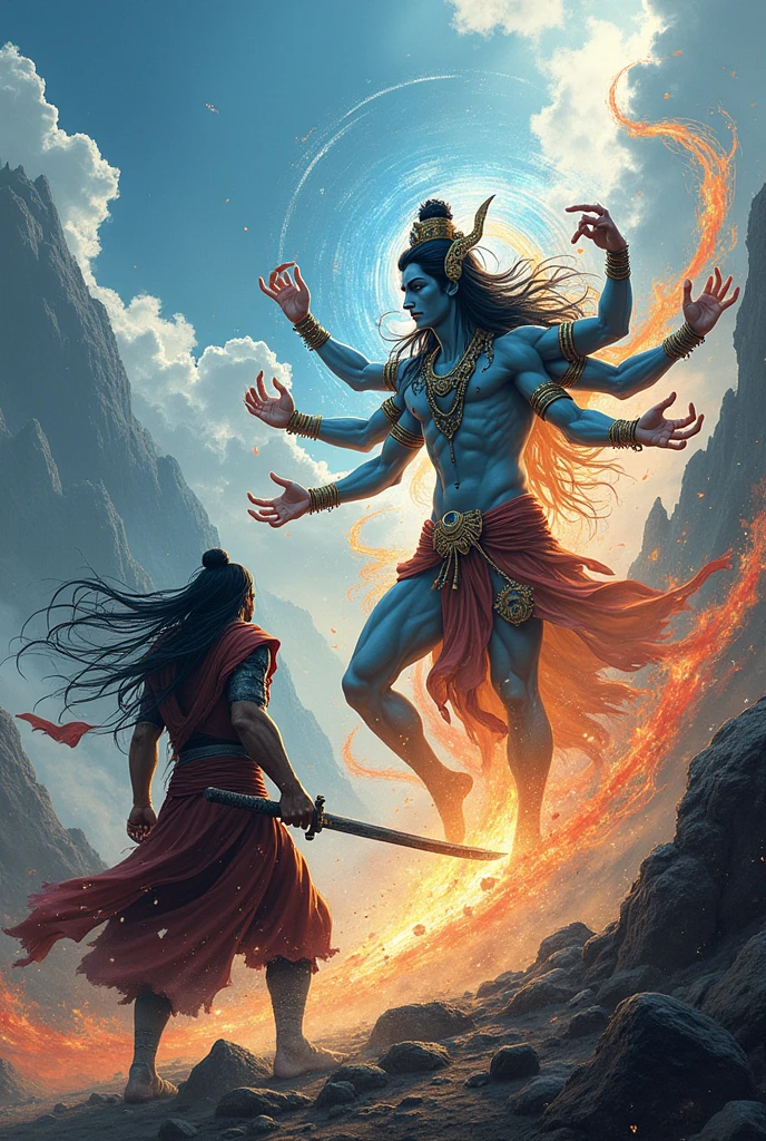 Make an image of Tanjiro fighting with lord shiva front