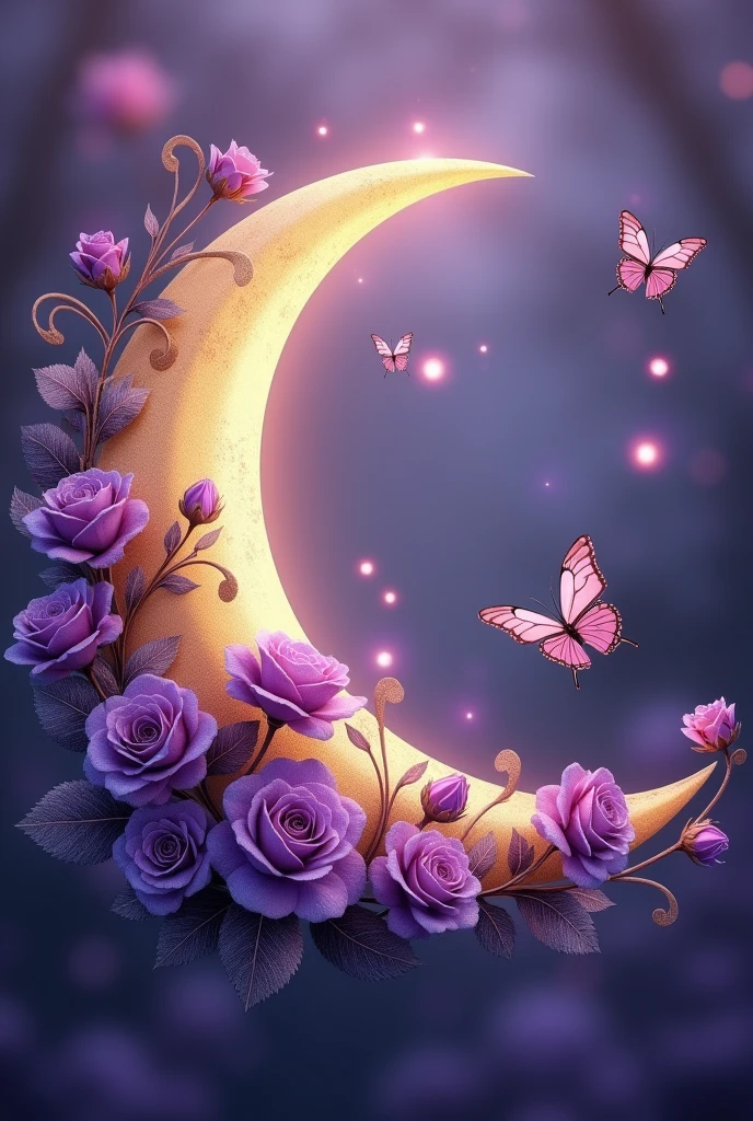 half moon decorated with purple roses and butterflies, by John La Gatta, artstation, seni digital, round logo, in the month, tifa lockaert, purple and gold color scheme, Letter, except, professional logo design, Twitter, from italica, sangat detail -i, flexible, it's afternoon, professional profile picture, catia, symbol