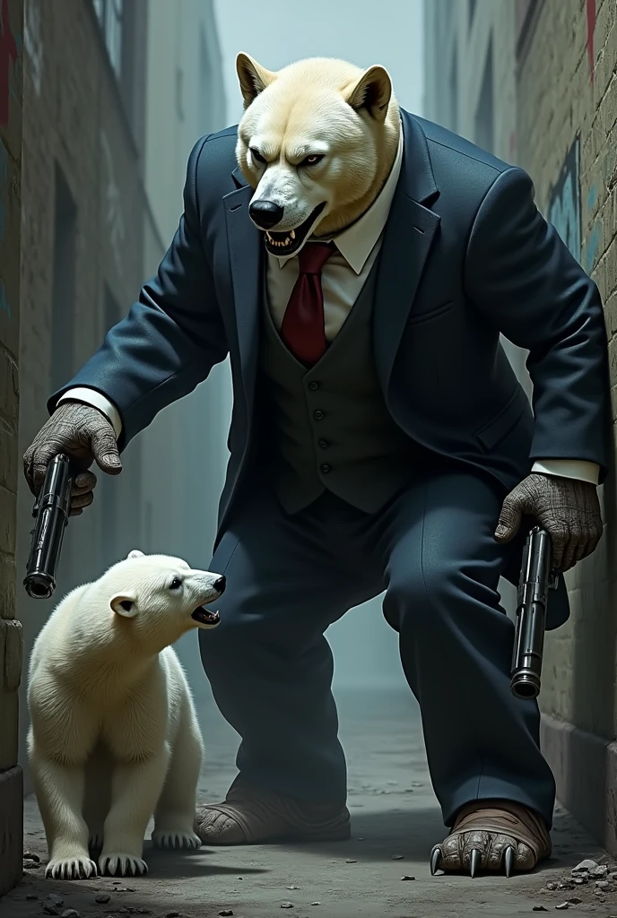 make an angry and armed mafia dog, collecting debt from a scared polar bear
 