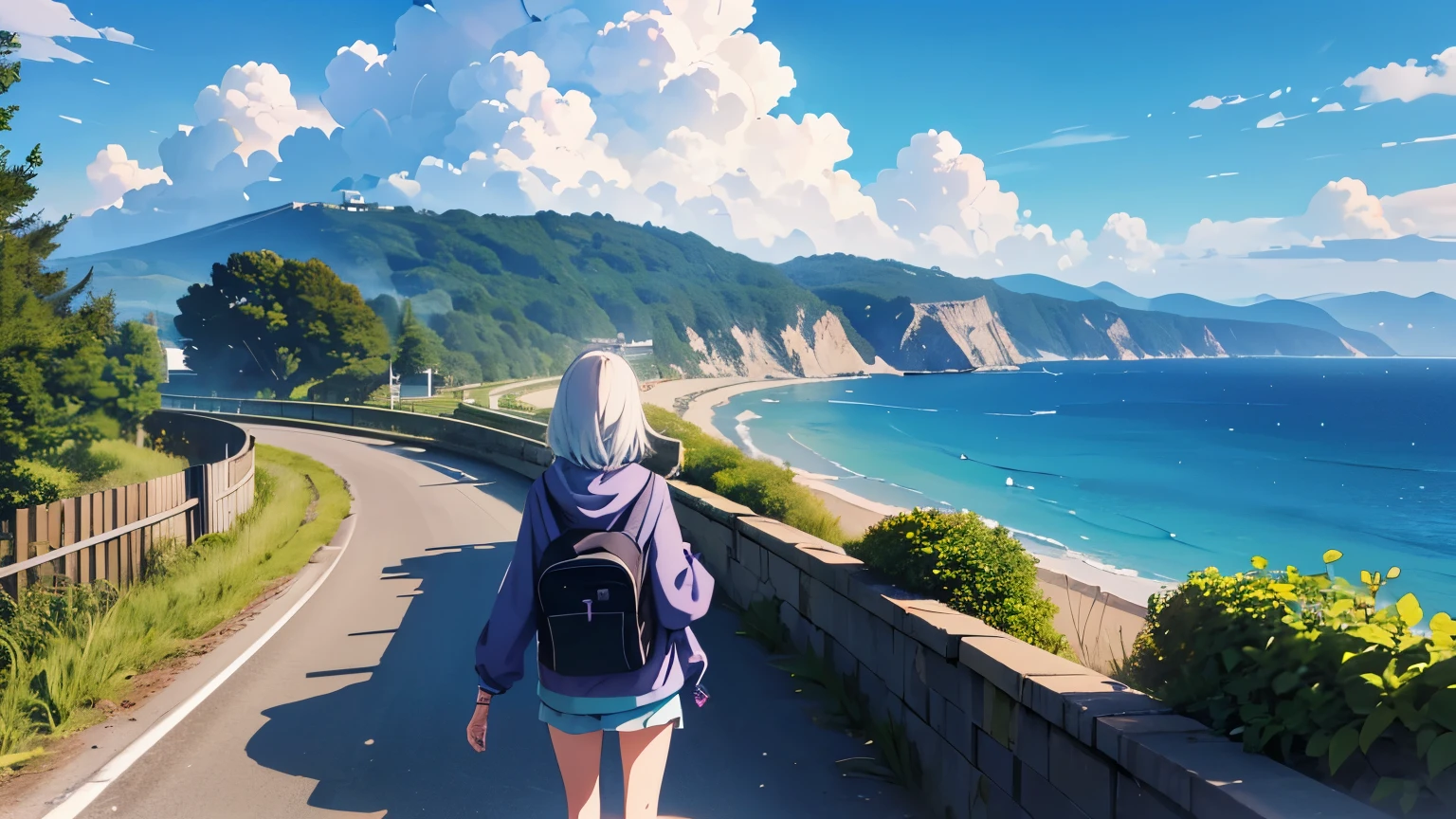 (Excellent: 1.2),(Best Quality: 1.2),(Super Detail: 1.2),(A girl walking alone on a sidewalk with a view of the sea, black hoodie, short white hair, purple backpack, hip hop style),(Back of the head, facing backwards, full body, left side of the screen),(Railroad crossing, summer sky, cumulonimbus clouds, sea, breakwater),(4k, sad, bouwater art style, beautiful digital illustration, beautiful character drawing, stunning anime face portrait, official artwork, LOFI girl, admire the art style, anime atmosphere, mix of anime style and fujifilm, digital anime illustration, anime wallpaper, 4k, high resolution high quality beautiful realistic sky, sky is the main focus, rear view, rear view scenery is the main focus, scenery is the main focus, emotional lofi old camera film deep 3D)