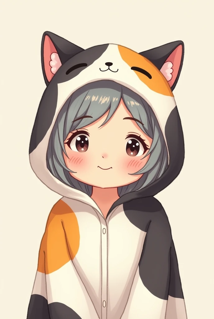 A beautiful 60-year old Japanese woman wearing a cat costume with hoodies. The fur pattern should be that of calico cat: patches of white, black, and white. The costume doesn't have a cat face. It should show only above her chest. Make it into cartoon image. Make it chibi-kawa. Cute young grandma is the ideal.