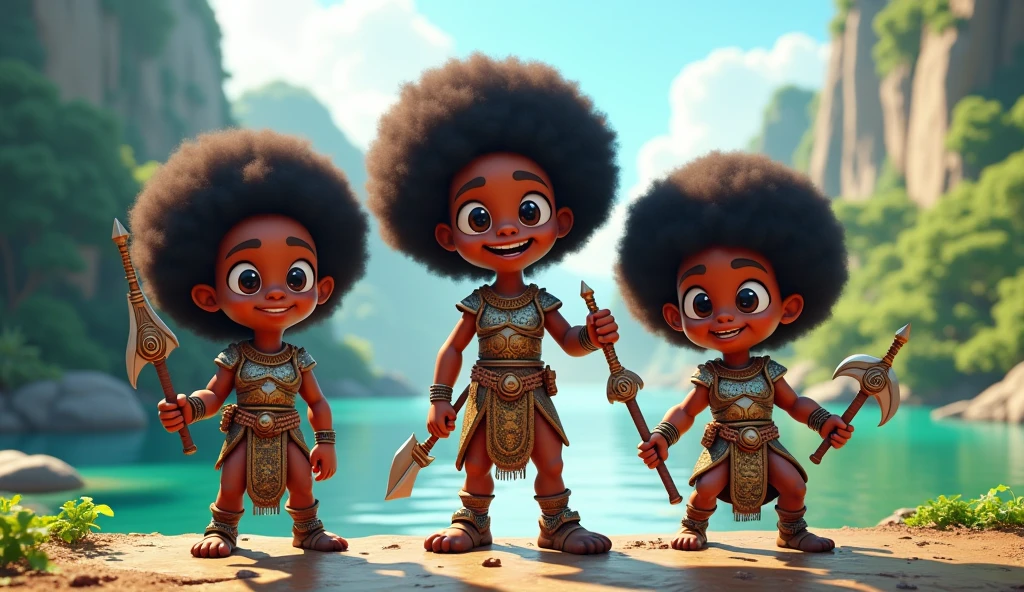 Generate me an image of three 3d cartoon afro warrior characters by a river
