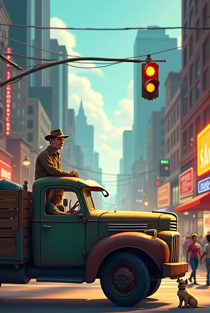 A farm truck with a human and his dog waiting at the animated city traffic light